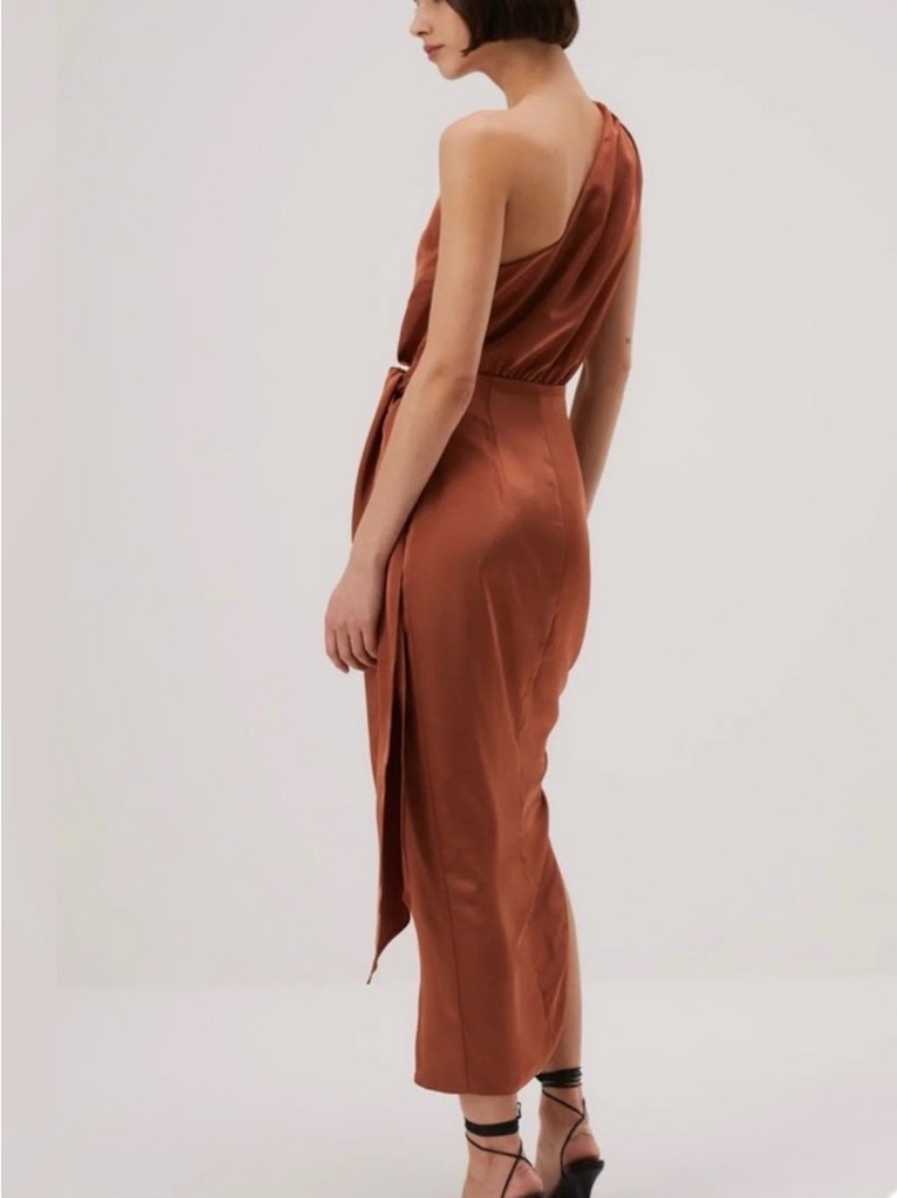 Misha Brooks One-Shoulder Satin Midi Dress, Copper, Size M - Picture 3 of 5